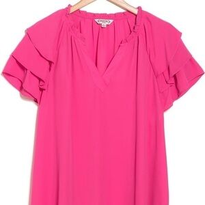 [Nanette Lepore] Textured Pink Triple Tiered Ruffle Sleeve Ruffle Neck V Top